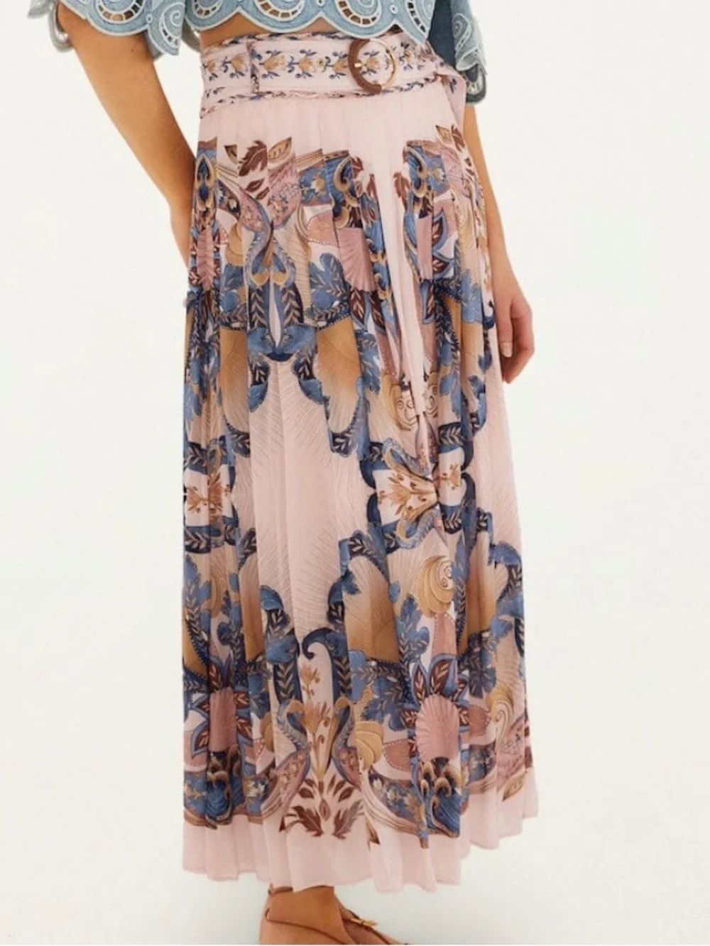 FARM Rio Soft Sea Pink Garden Scarf Pleated Maxi Skirt NWT - Picture 4 of 5
